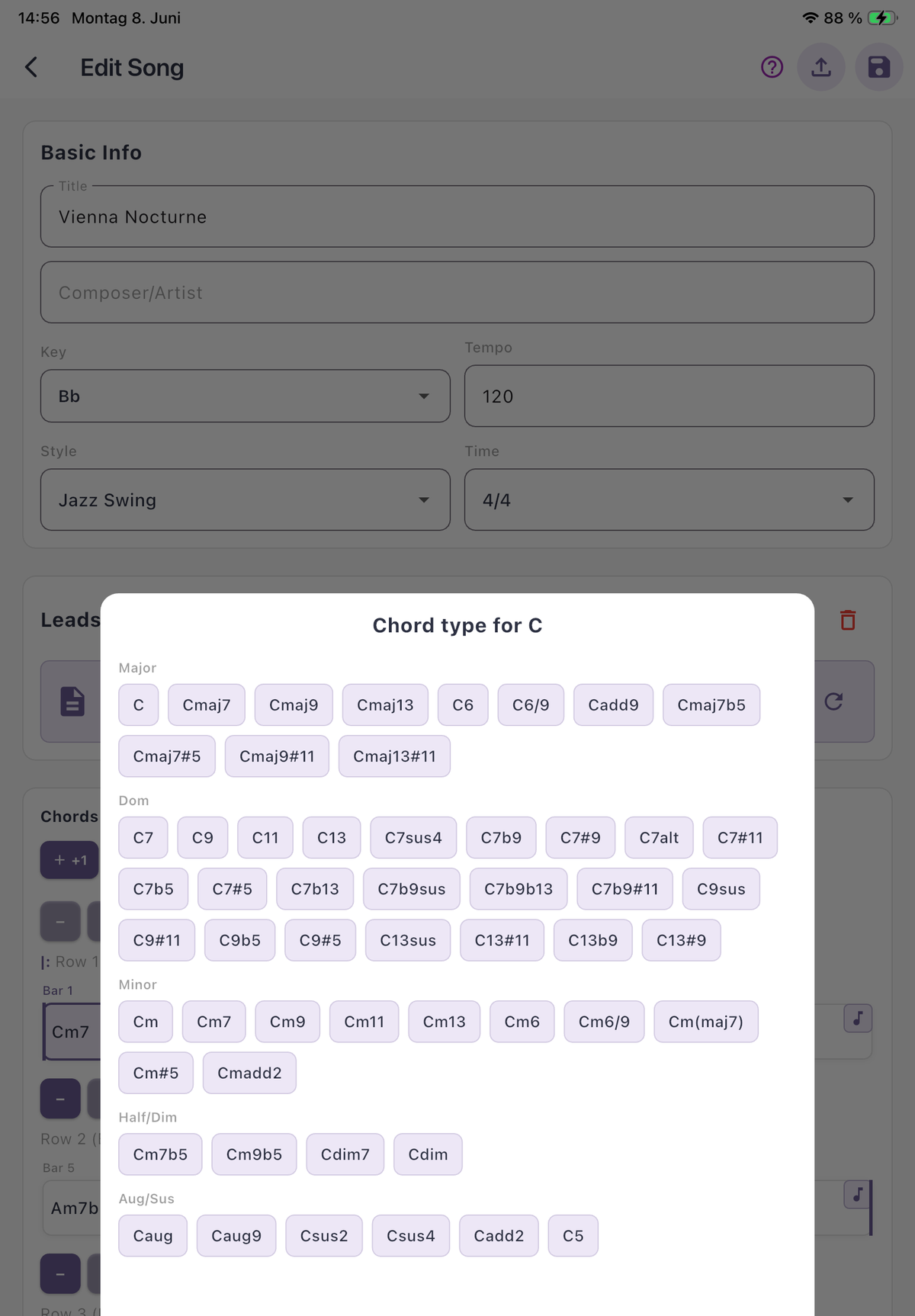 Chord Type Picker — full menu with Major, Dom, Minor, Half-Dim, Aug/Sus categories