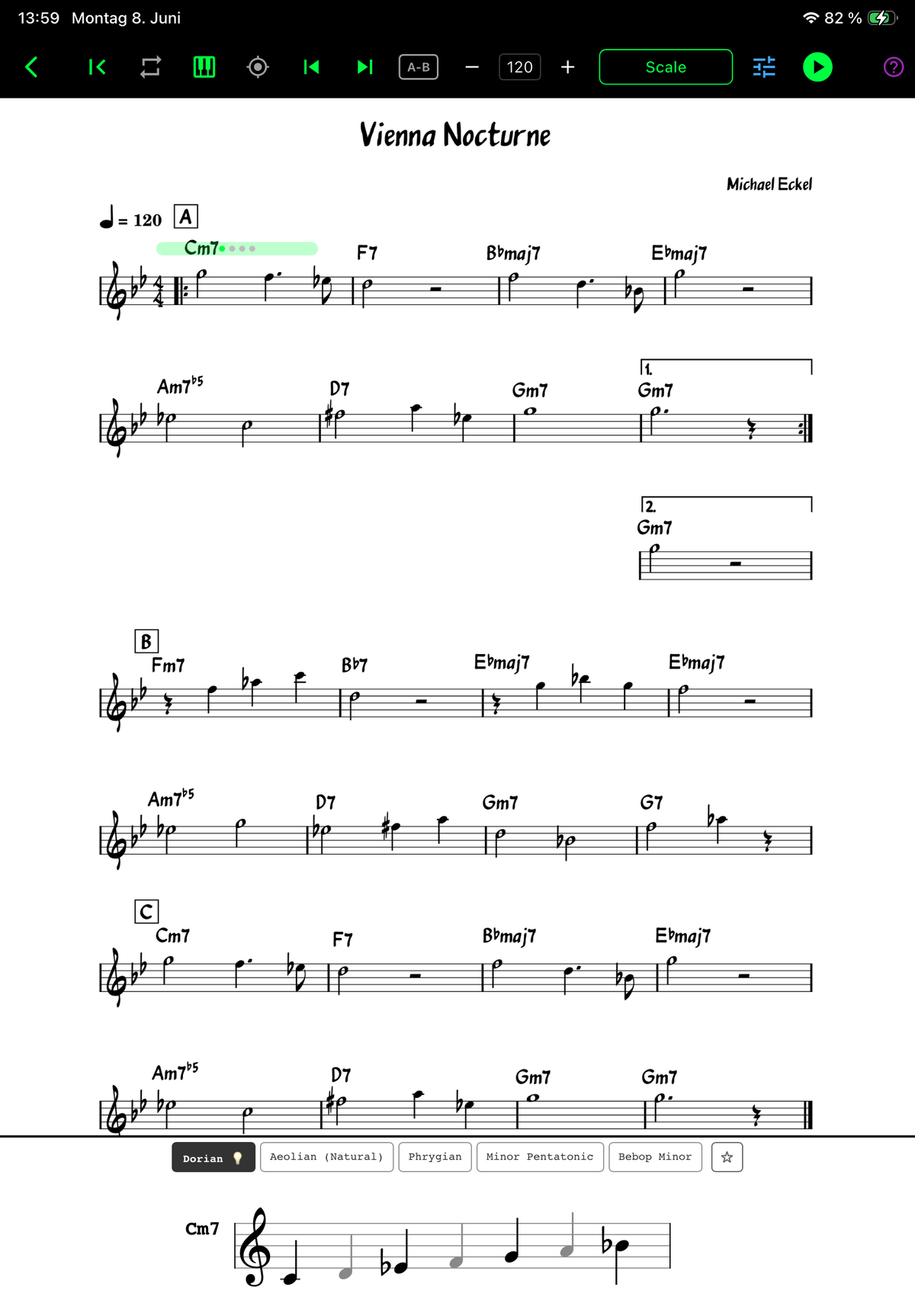 Vienna Nocturne PDF leadsheet with live green position marker on Cm7 and Dorian scale widget below