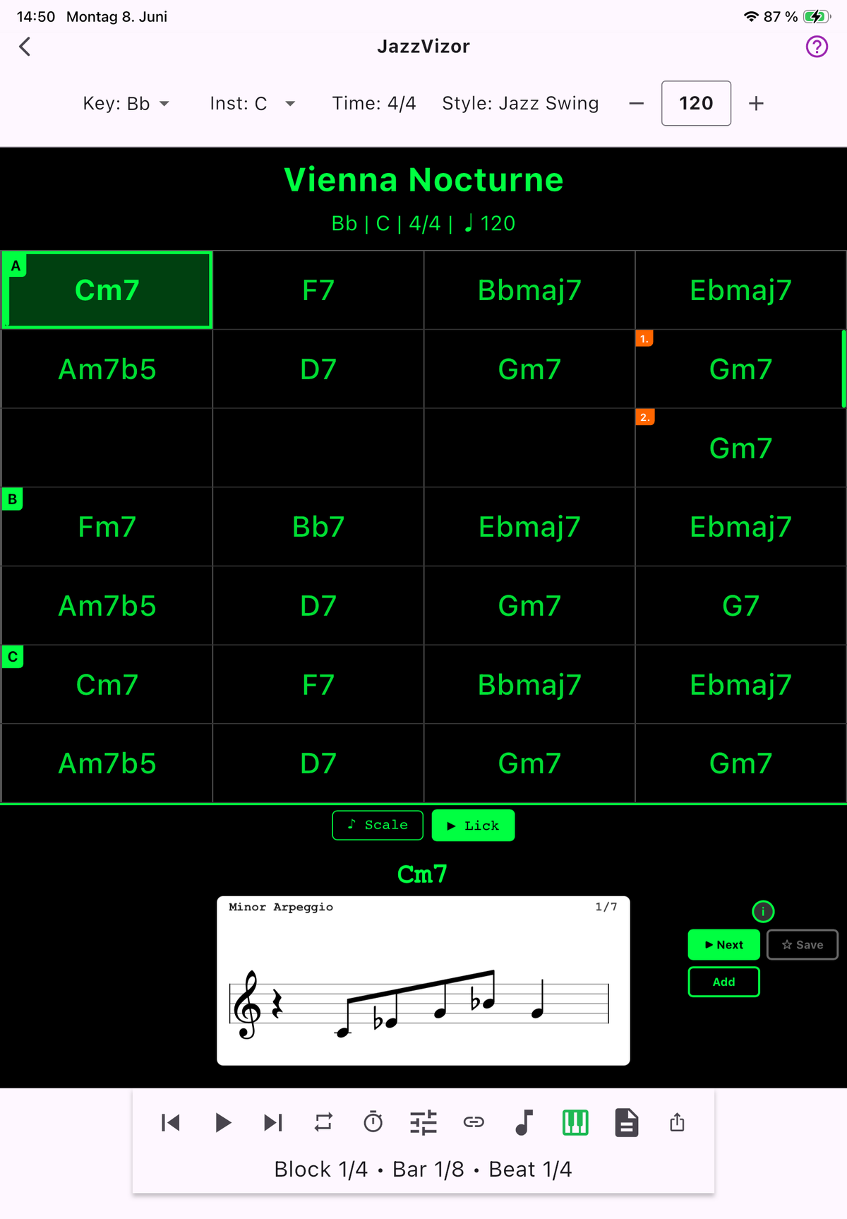 Vienna Nocturne — Lick Widget with Minor Arpeggio on Cm7