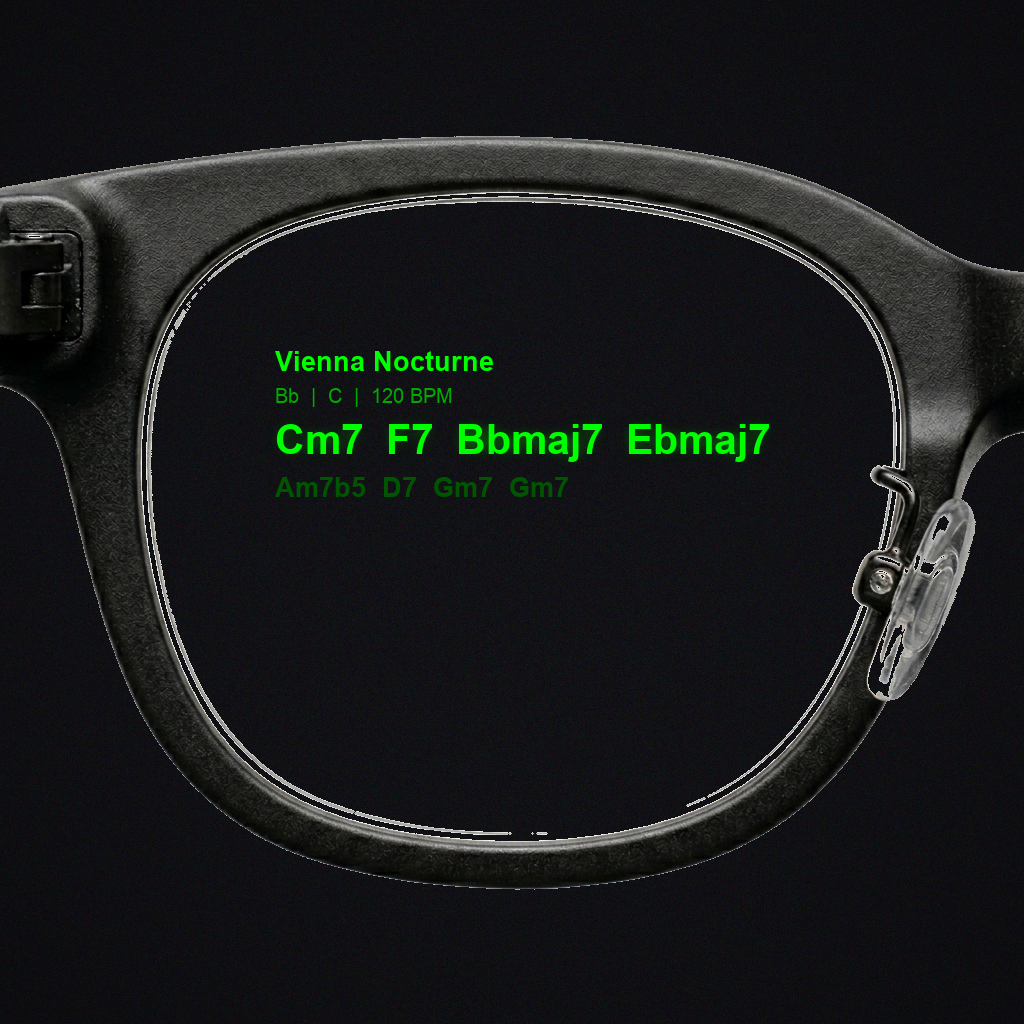 Rokid Smart Glasses — Chord display showing Vienna Nocturne current bar Cm7 with F7 / Bbmaj7 / Ebmaj7 next