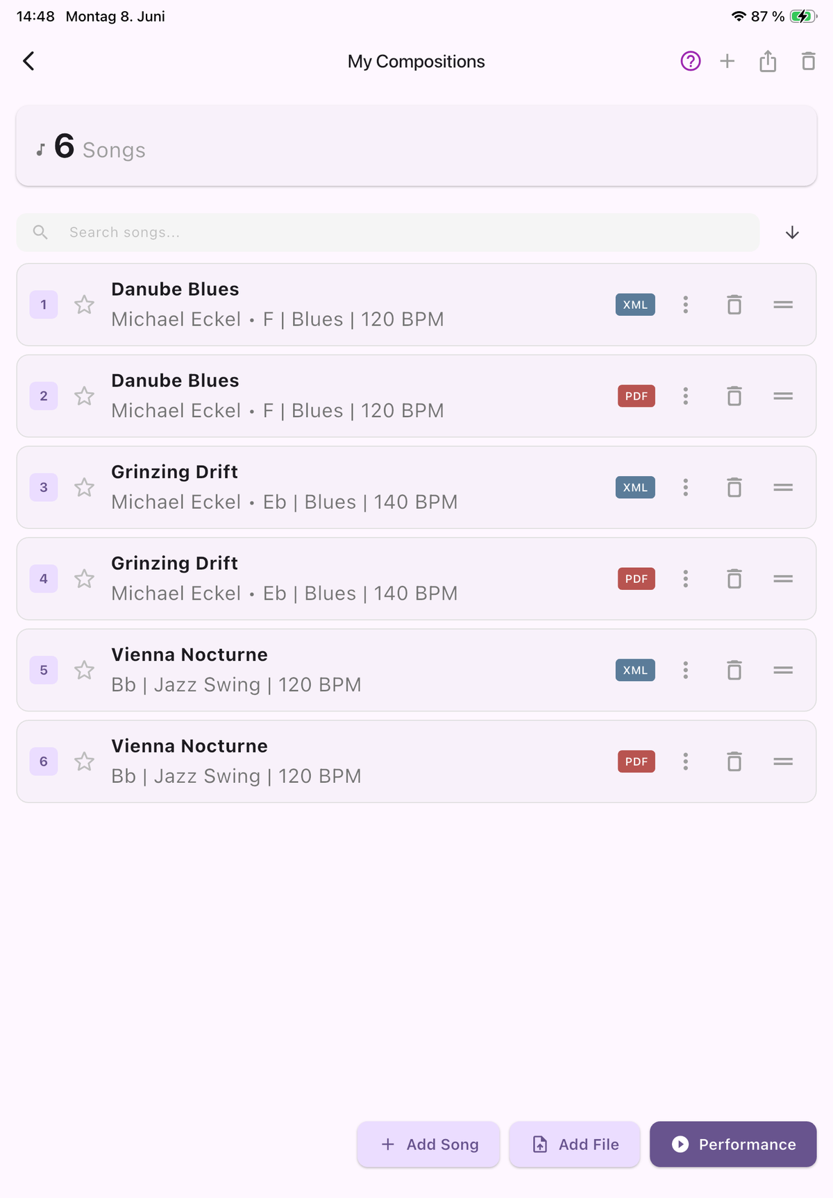 Setlist detail with drag-to-reorder and Performance button