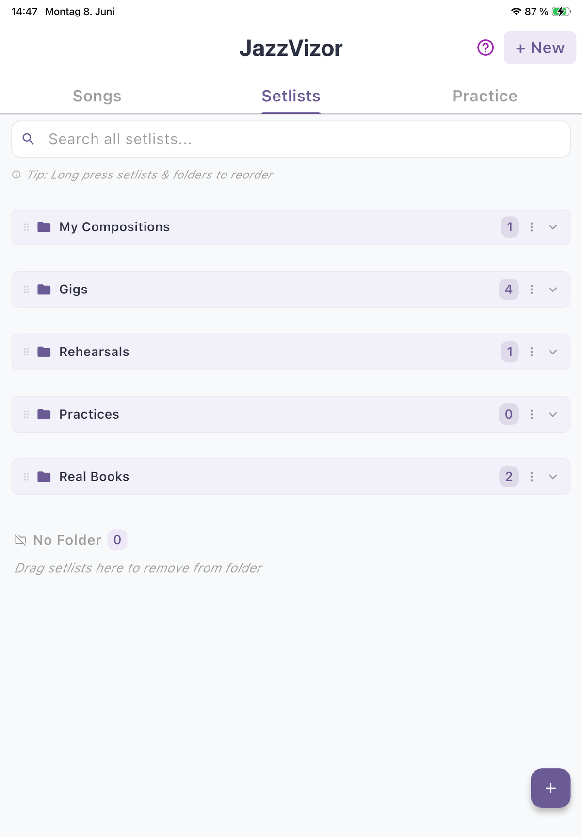 Setlists tab — folder organization for gigs